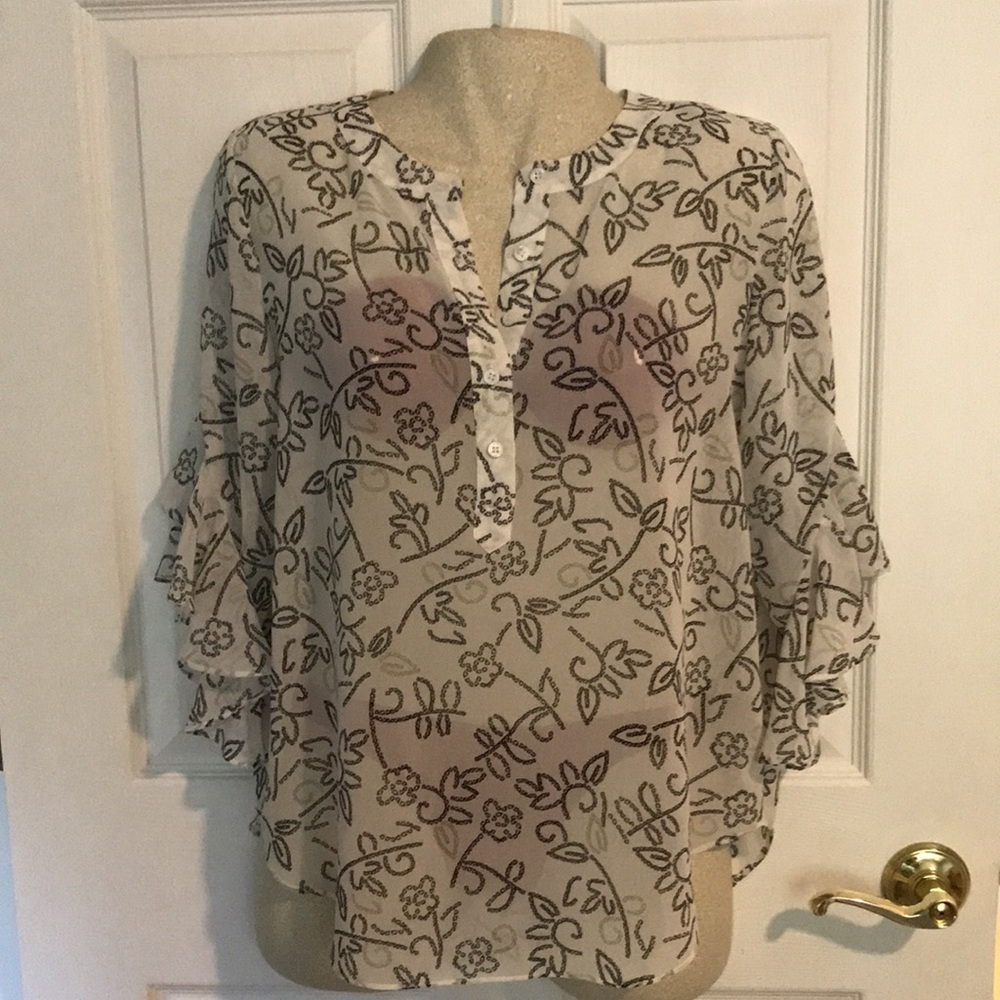 Vince Camuto Sheer Henley Top Batwing Sleeves